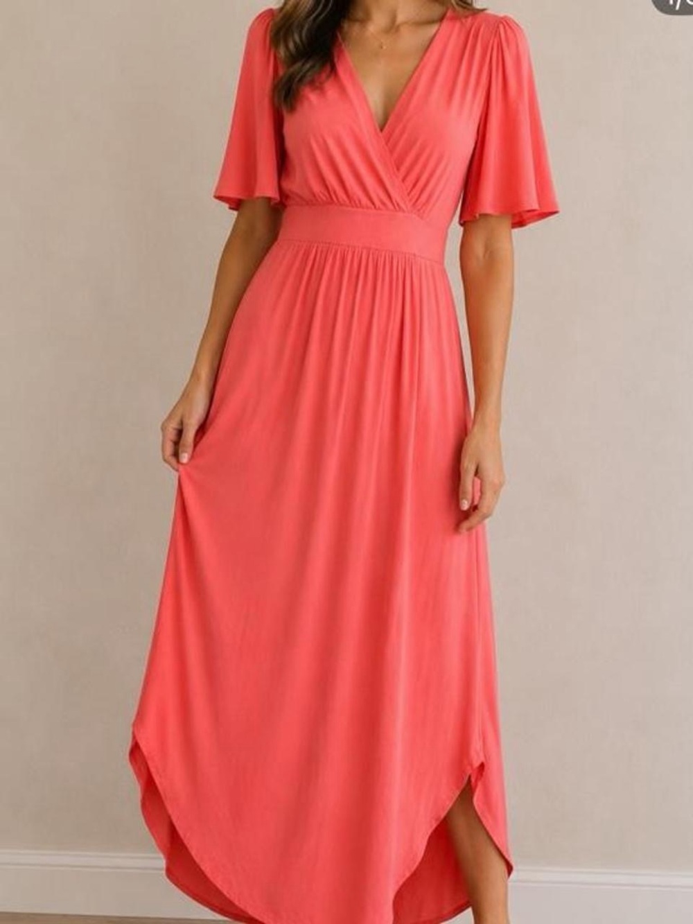 Flutter-Sleeve Coral Maxi Dress with Surplice Neck